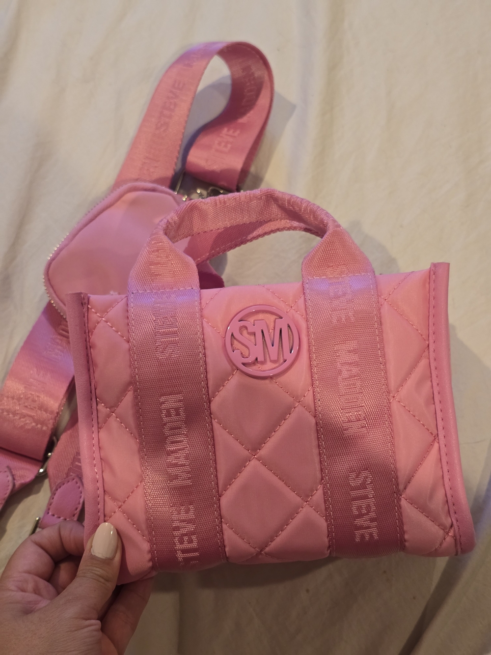 Steve Madden Pink Quilted Mini Tote with Logo Accent